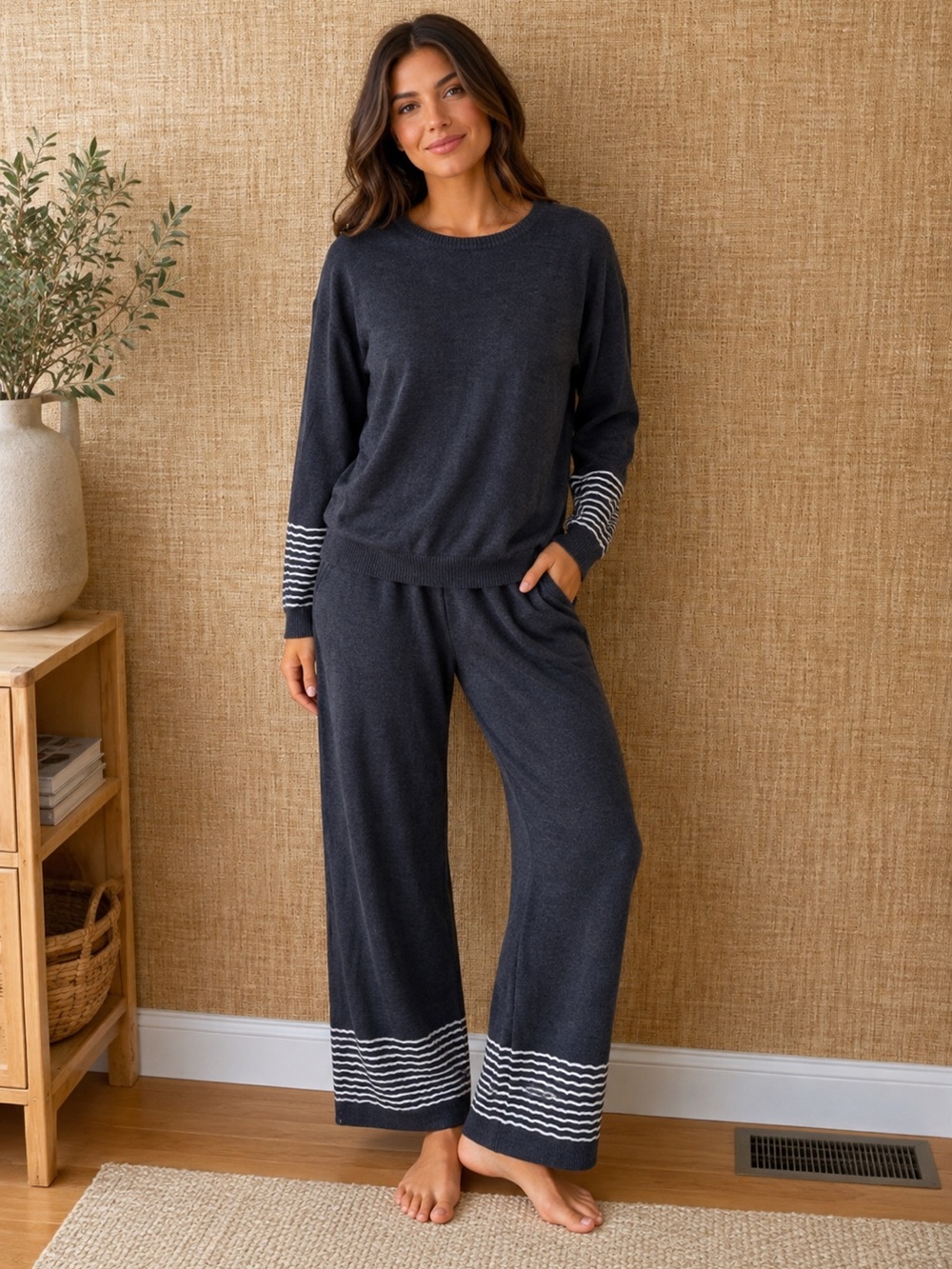 Barefoot Dreams Cozy Grey Crewneck Sweater and Pants With White Stripes